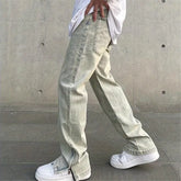 Threebooy Jeans Men's Y2K Vintage Straight Leg Pants Solid Color Button Pocket Split Zipper Loose Trousers Spring Summer Male Clothing 035